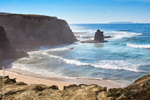 Beautiful cliff rocks and waves on the west coast of Portugal in Peniche