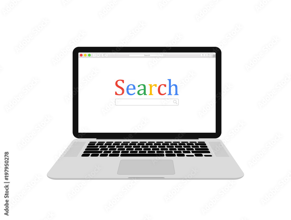 Computer laptop, browser window and ranking sites in search results of web search engine. Search engine. Flat design, vector illustration on background. Computer laptop, browser window and ranking sites in search results of web search engine. Search engine. Flat design, vector illustration on background.