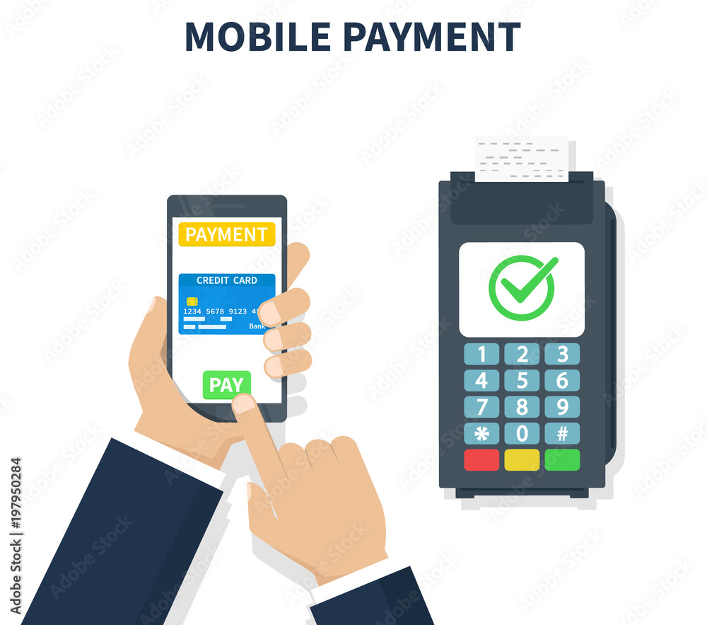 Wireless payment with smartphone and terminal.Mobile phone in hand with credit card on screen display successful pay on nfc. Flat design, vector illustration on background.