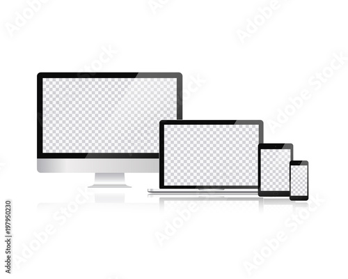 Electronic devices, web design vector template with laptop, tablet, smartphone, computer. Flat design, vector illustration on background.
