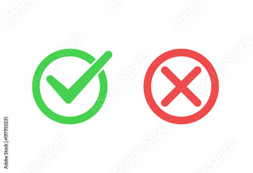 Tick icon set. Stylish check mark icon set in green and red color, Flat design, vector illustration on background.