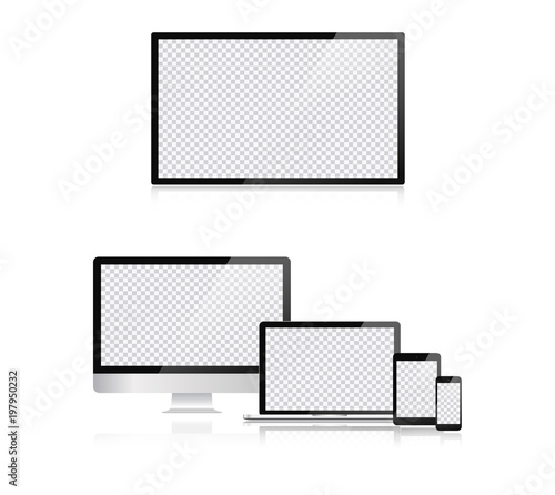 Electronic devices, web design vector template with laptop, tablet, smartphone, computer. Flat design, vector illustration on background.