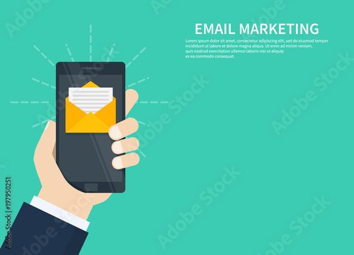 Email marketing, newsletter marketing, email subscription and drip campaign with icon. Flat design, vector illustration on background.