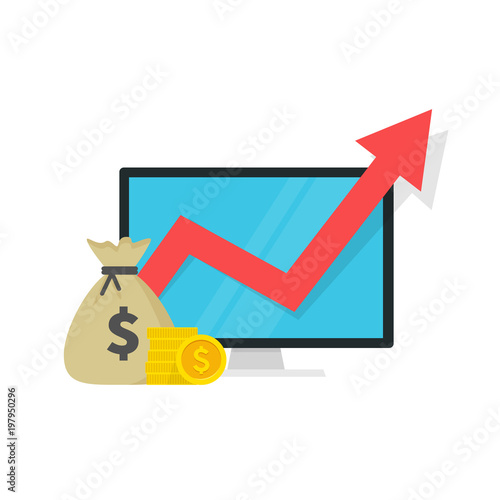 Income increase strategy on monitor, Financial high return on investment, fund raising, revenue growth, interest rate, loan installment, credit money. Flat design, vector illustration on background.
