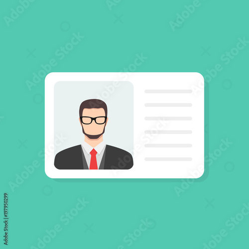 Identification Card. Personal info data. Identity document with person photo and text clipart. Flat design, vector illustration on background.