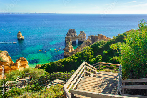 Wooden footbridge to secret beach near Lagos on Ponta da Piedade. Portugal