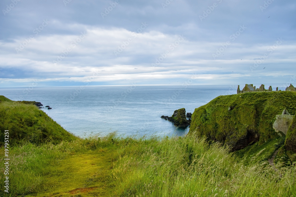 Scotland landscape. Cliffs, rocks and the North Sea with beautiful, dramatic scenery. Stonehaven, Aberdeenshire, Scotland, UK.
