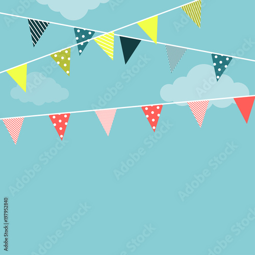 Garland flags Vector illustration Bright garlands with triangular flags with different patterns are hanging against a blue sky background Illustration in flat style