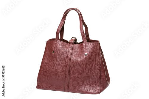 burgundy ladies bag with leather texture on white background