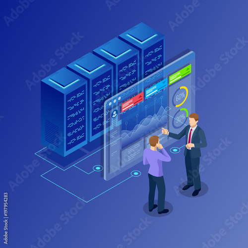 Isometric concept of data network management. Businessmans in data center room. Hosting server and computer database.