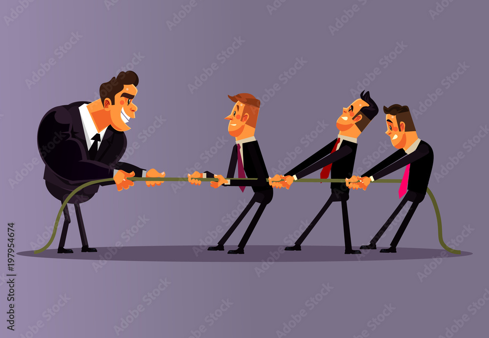 Office workers people men character compete and pulling rope together. Teamwork competition business battle opposition. Unequal struggle fight concept. Vector flat cartoon illustration Office workers people men character compete and pulling rope together. Teamwork competition business battle opposition. Unequal struggle fight concept. Vector flat cartoon illustration
