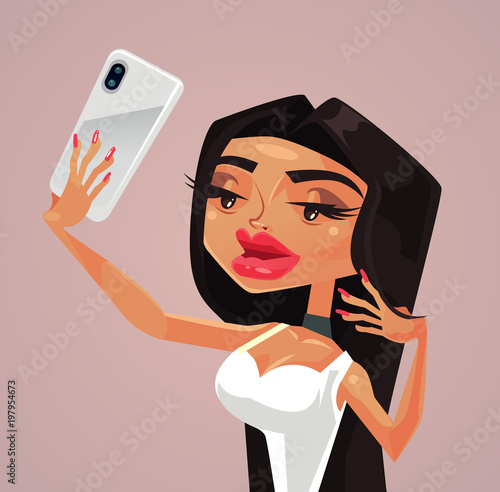 Caricature woman character making selfie snap photo smartphone. Vector flat cartoon illustration