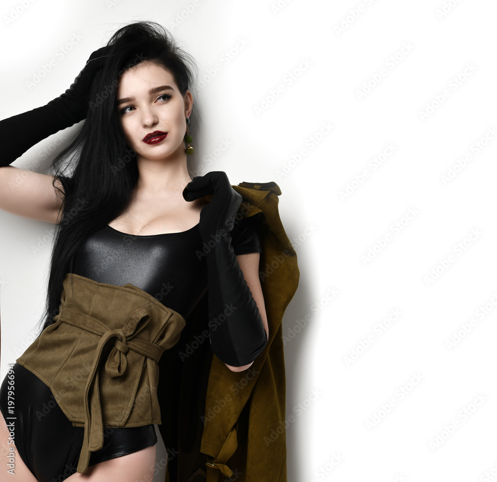 Beautiful woman wear fashion military cloth dark green jacket uniform on holiday day of victory May 9 Russia Beautiful woman wear fashion military cloth dark green jacket uniform on holiday day of victory May 9 Russia
