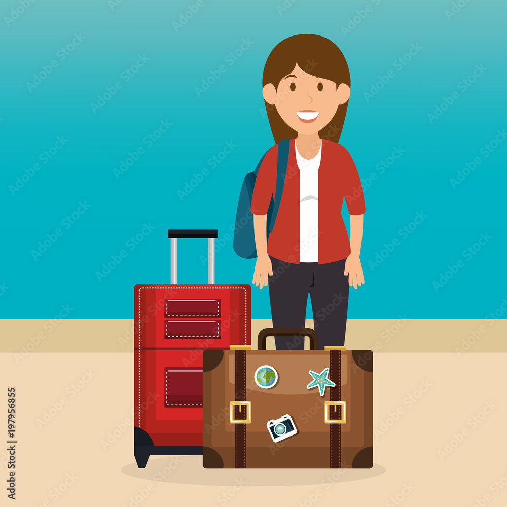 young woman in the beach with suitcase vector illustration design young woman in the beach with suitcase vector illustration design
