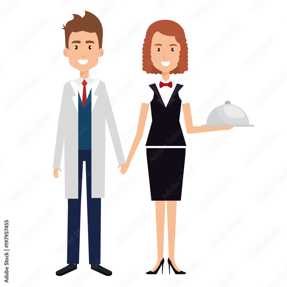 doctor with woman waiter with tray avatar character vector illustration design doctor with woman waiter with tray avatar character vector illustration design