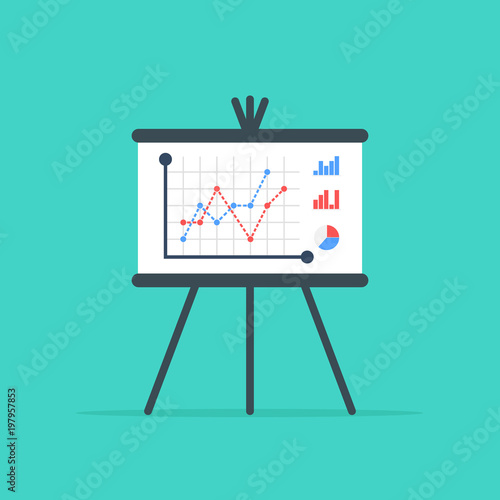 Business presentation board. Flip chart with growing graph, diagram. Report screen with market data statistics business strategies. Flat design, vector illustration on background.