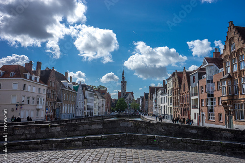 a great view of the famous Jan van Eyckplein from Koningstraat Bridge, Brugge, Belgium