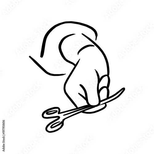 Medical scissors in hand of doctor vector illustration sketch hand drawn with black lines isolated on white background