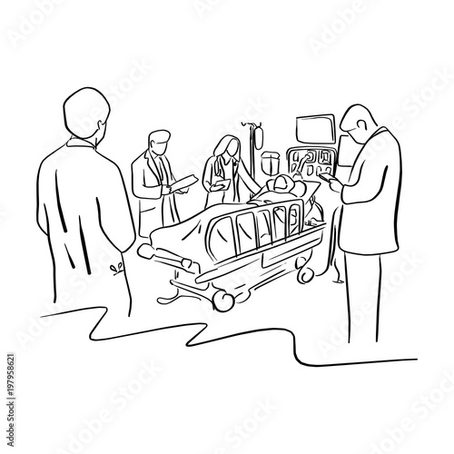 four doctors take care a patient on the bed in hospital vector illustration sketch hand drawn with black lines isolated on white background