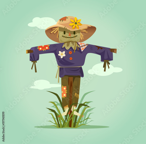 Happy smiling scarecrow character. Vector flat cartoon isolated illustration