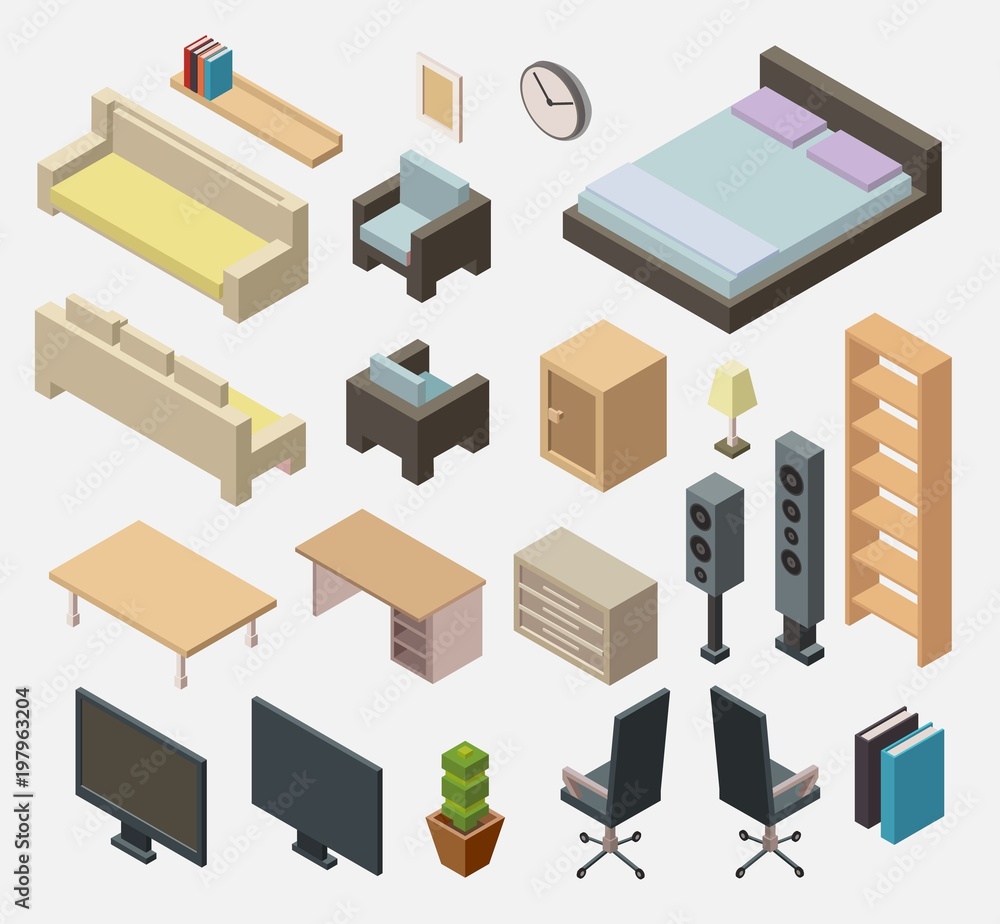 Isometric low poly elements of bedroom and living room big set