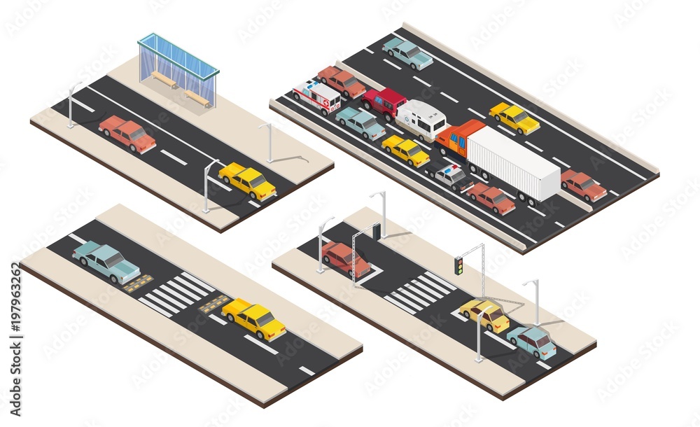 Isometric lying policeman, crossing, traffic light, traffic jam low poly elements set