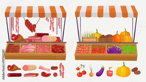 Meat and vegetables market farm Butcher Shop modern flat cartoon vector illustration background infographics