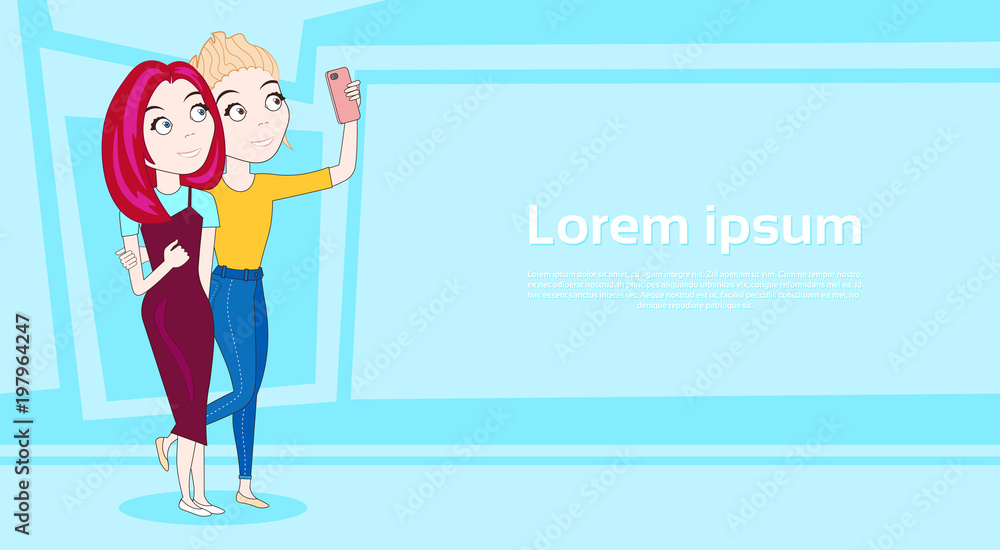 Two Young Girls Take Selfie Photo Using Smart Phone Posing Over Background With Copy Space Vector Illustration Two Young Girls Take Selfie Photo Using Smart Phone Posing Over Background With Copy Space Vector Illustration