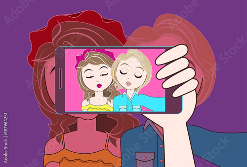 Hand Hold Smart Phone Taking Selfie Photo Of Two Young Girls Making Duck Face Vector Illustration