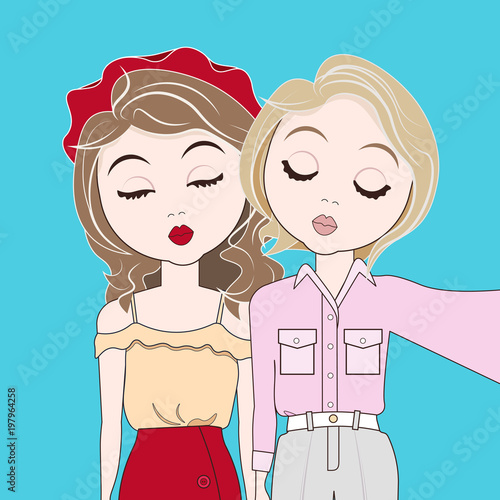 Two Young Girls In Stylish Clothes Take Selfie Photo Making Duck Face Vector Illustration