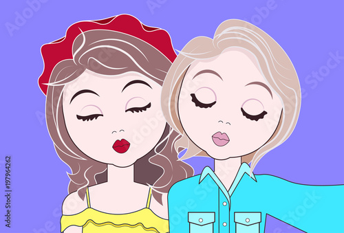 Two Trendy Girls Take Selfie Photo Making Duck Face Vector Illustration