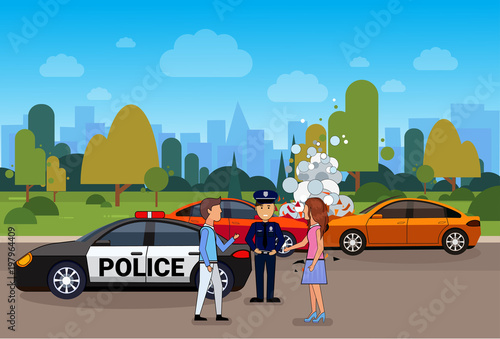 Car Accident Or Crash, Collision On Road With Male And Female Driver And Police Officer Vector Illustration