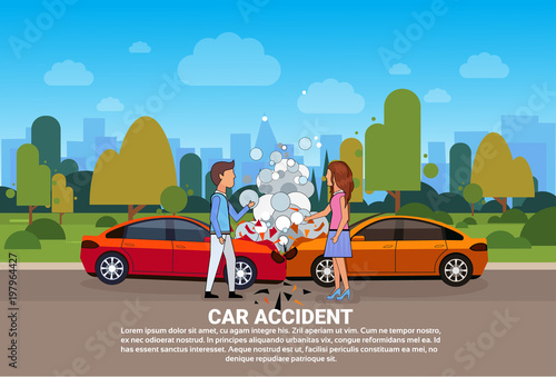 Car Accident On Road Vehicle Collision With Male And Female Driver Vector Illustration