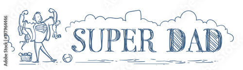 Super Dad Holding Kids Son And Daughter Doodle Horizontal Banner Happy Father Day Concept Vector Illustration