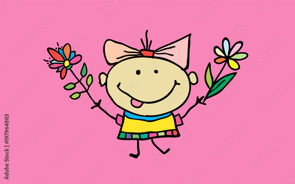 Cute cartoon girl with flowers. Children illustration. T-shirt graphic. cartoon character. Cute cartoon girl with flowers. Children illustration. T-shirt graphic. cartoon character.