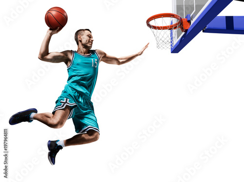 Foto basketball player making slam dunk isolated