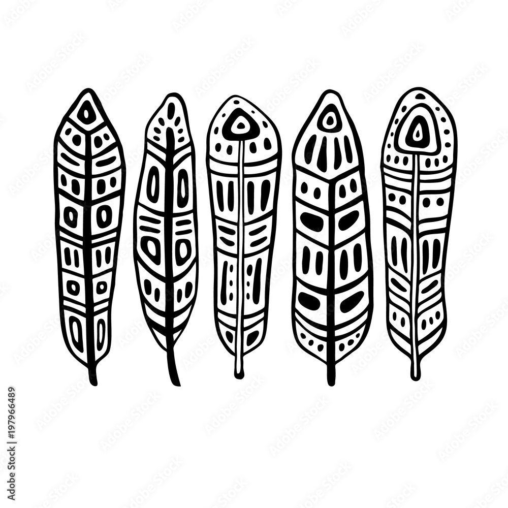 Ethnic Feathers Set. Hand drawn vector illustration. Design element Ethnic Feathers Set. Hand drawn vector illustration. Design element