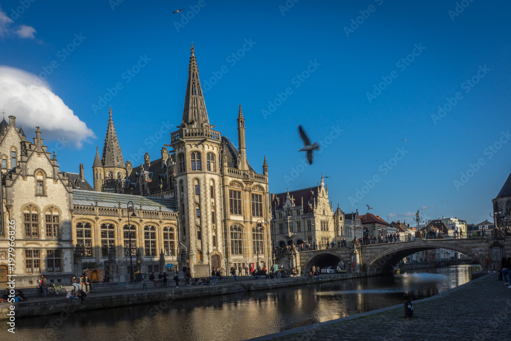 Leie river bank in Ghent,Belgium,Europe on a bright sunny day