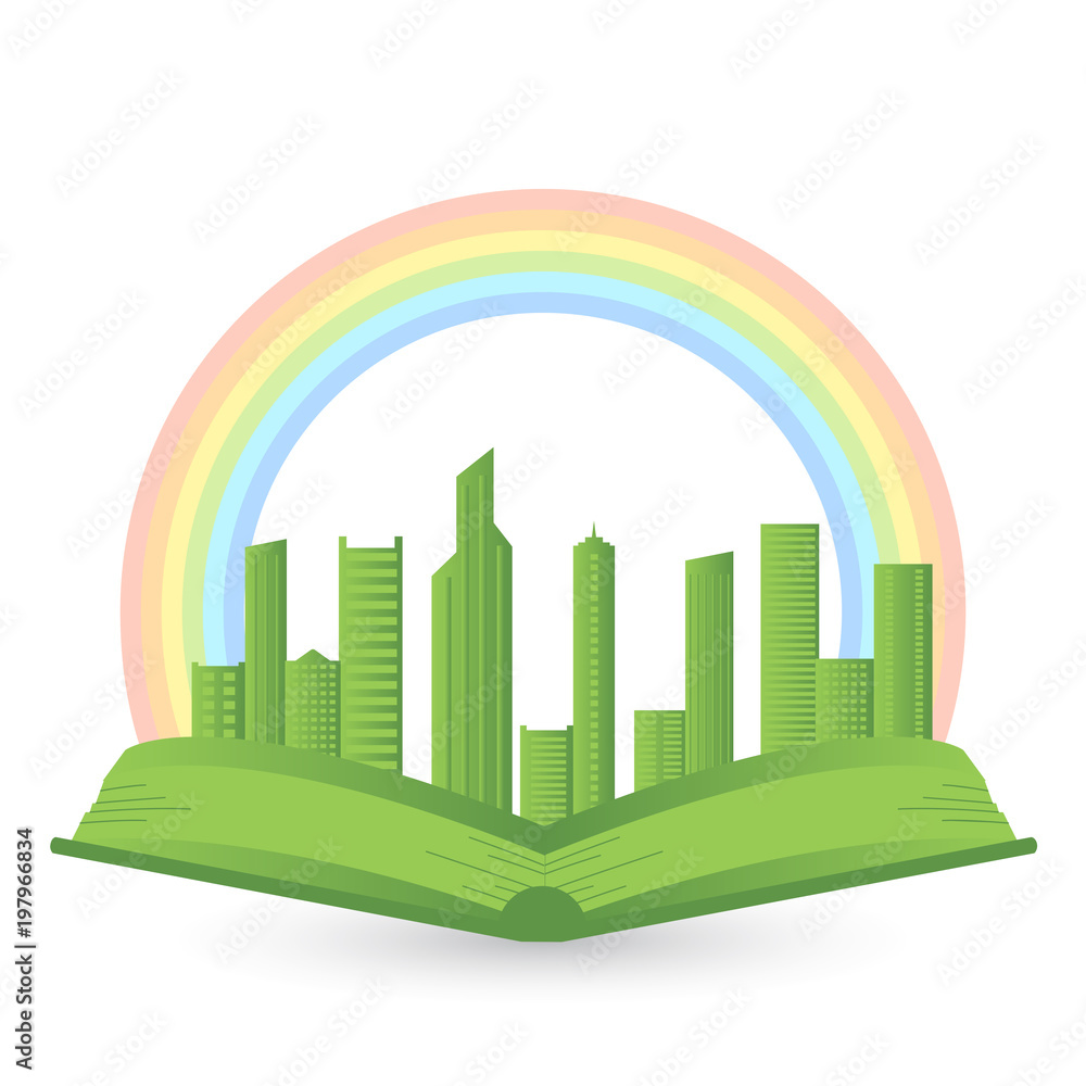 Illustration of a book with a rainbow over city