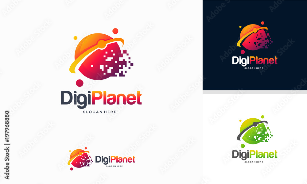 Digital Planet logo designs concept, Pixel Planet logo, Pixel Ball Logo template