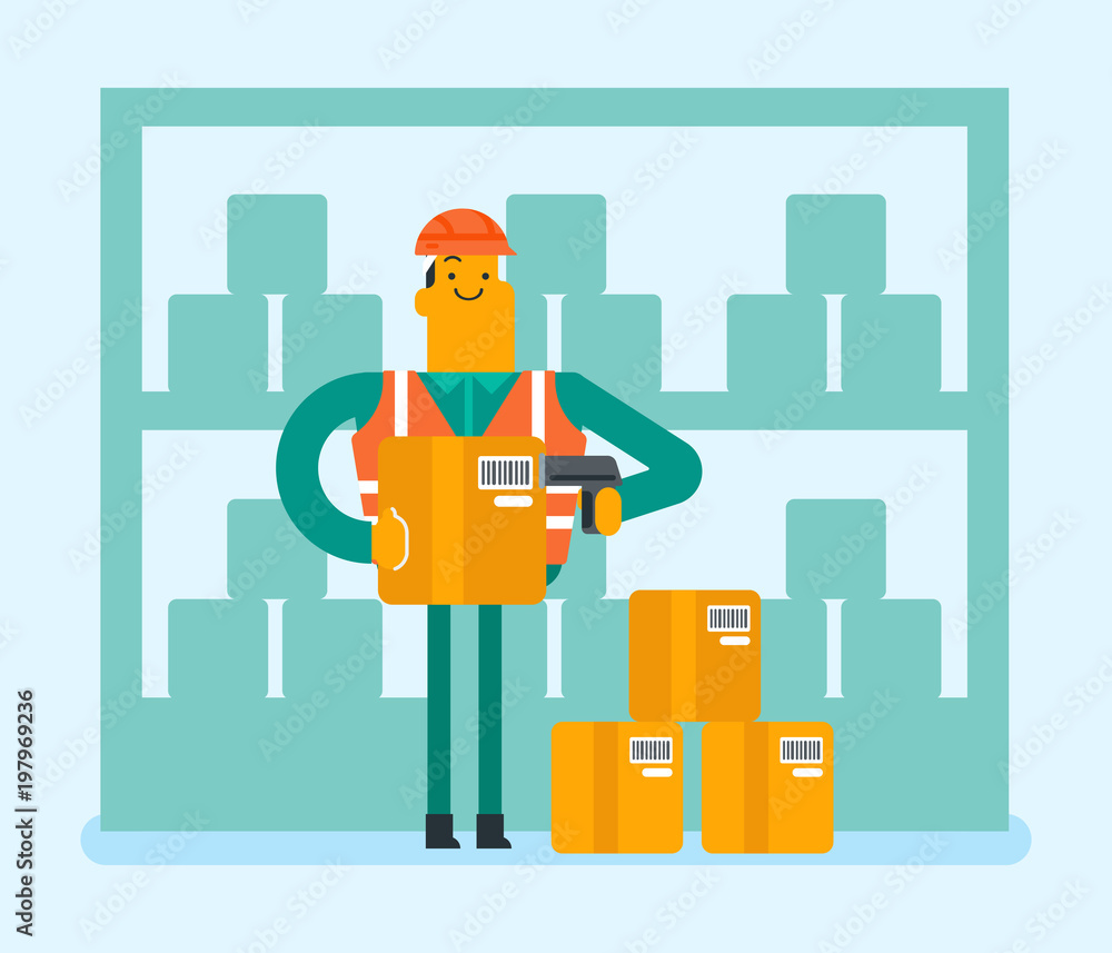 Young caucasian white warehouse worker scanning barcode on box. Warehouse staff checking barcode of boxes with a scanner. Distribution and storage concept. Vector cartoon illustration. Square layout.