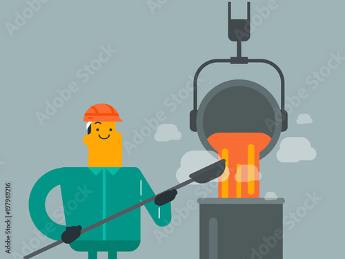 Young caucasian white white steelworker in hard hat at work near the furnace. Steelworker controlling iron smelting in the foundry in steel making plant. Vector cartoon illustration.