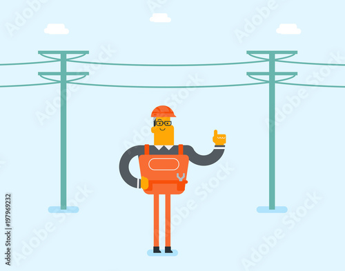 Young caucasian white electrician in hard hat standing on the background of electric power pole. Lineman repairing an electric power pole. Electrician pointing finger up. Vector cartoon illustration.