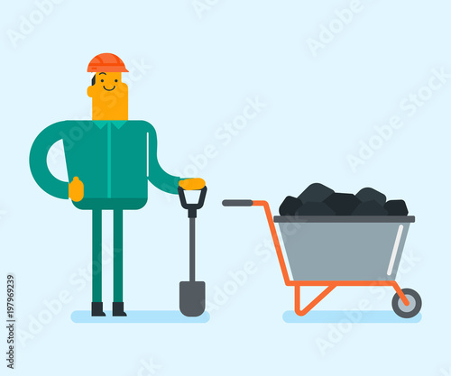 Caucasian white miner in hard hat standing next to the mining trolley with coal and minerals. Mine worker working with shovel in the coal mine. Mining industry concept. Vector cartoon illustration.