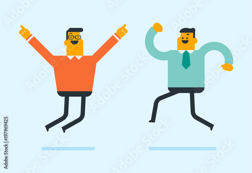 Two young caucasian white friends jumping. Happy laughing businessmen having fun together while jumping. Friendship, success and lifestyle concept. Vector cartoon illustration. Horizontal layout.