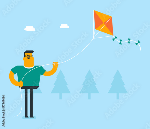 Young caucasian white man flying a colourful kite. Cheerful person strolling and playing with a kite in the park. Leisure activity and lifestyle concept. Vector cartoon illustration. Square layout.