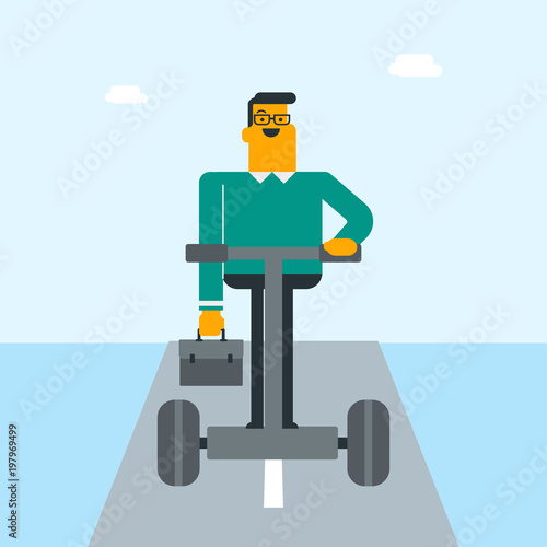 Young caucasian white businessman in a suit riding to work on self balancing electric scooter