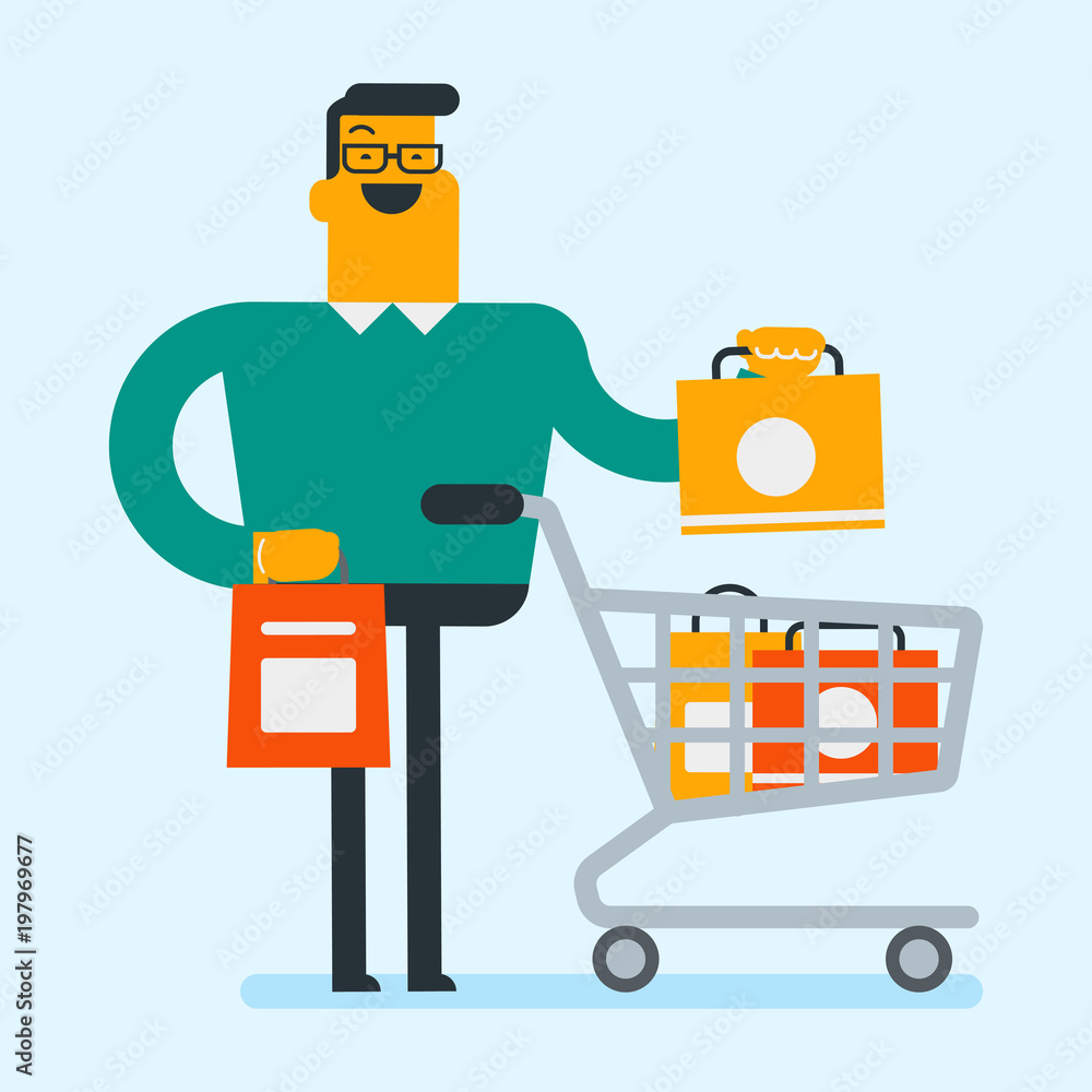 Φωτογραφία Happy caucasian white man pushing cart full of shopping bags