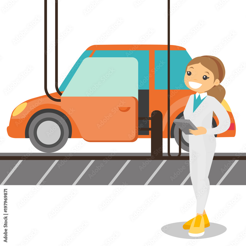 Caucasian white worker of factory controlling modern automated assembly line for cars. Happy young engineer at work at a car factory. Concept of car production. Vector cartoon illustration. Caucasian white worker of factory controlling modern automated assembly line for cars. Happy young engineer at work at a car factory. Concept of car production. Vector cartoon illustration.
