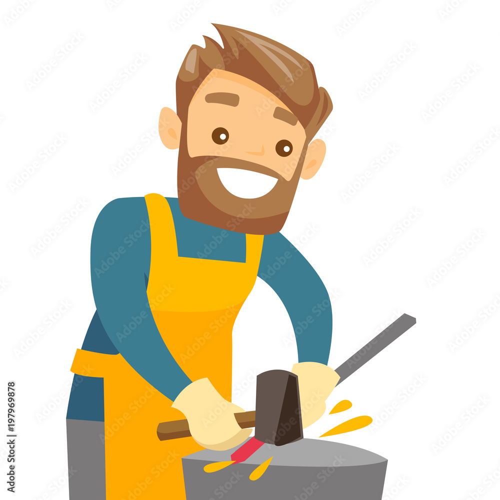 Forging Machine Cartoon Caucasian white blacksmith working metal with hammer on the anvil in ...